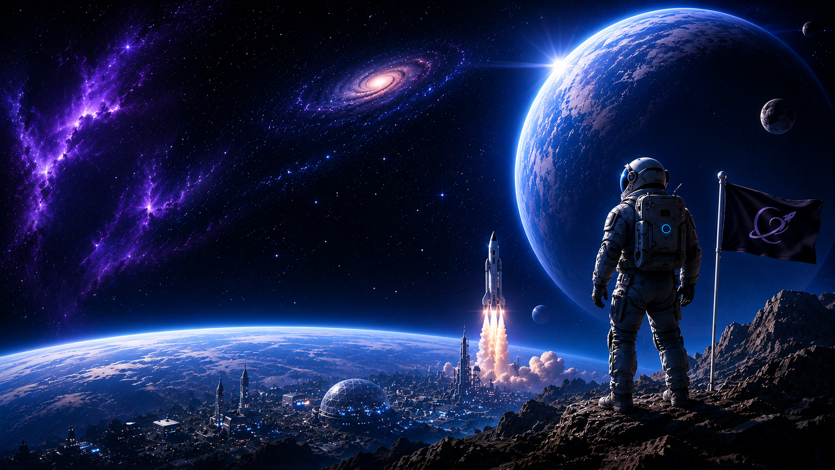 Astronaut overlooking a futuristic space colony